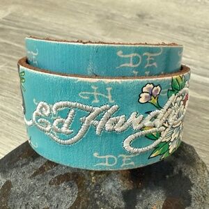 Ed Hardy Sky Blue Embroidered Snap Wrap Bracelet Genuine Leather